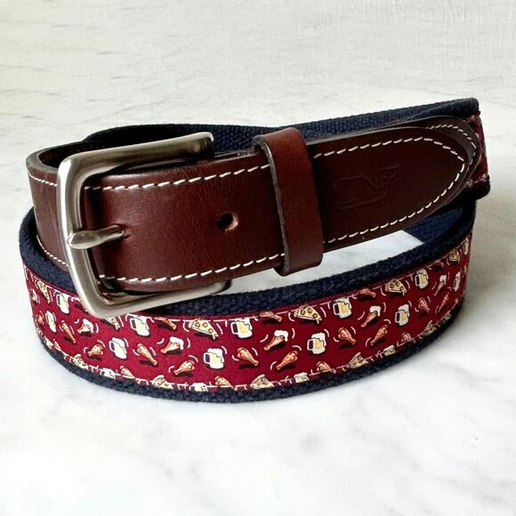 Vineyard Vines Pizza Beer Wings Maroon Canvas Club Belt - Men's 41" Long - Picture 1 of 6